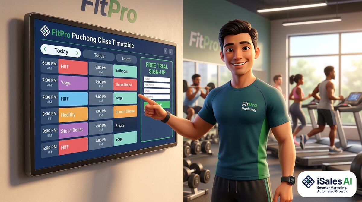 Fitness coach in a Puchong gym pointing at a wall screen showing a class timetable and free trial sign-up form — iSalesAI