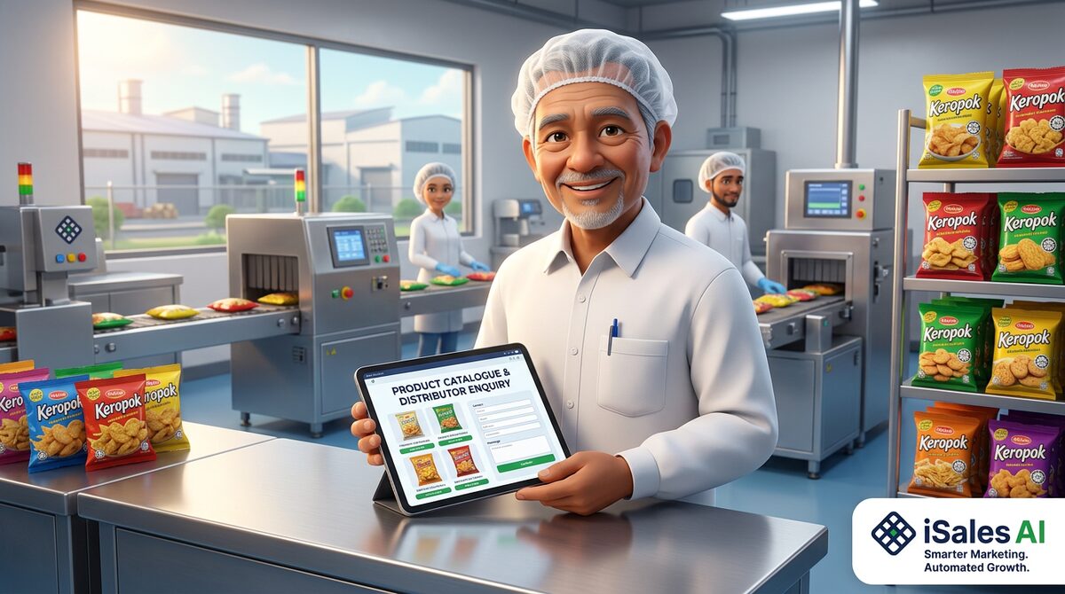 Food factory manager in a clean Shah Alam halal production facility holding a tablet showing a product catalogue and distributor enquiry page — iSalesAI