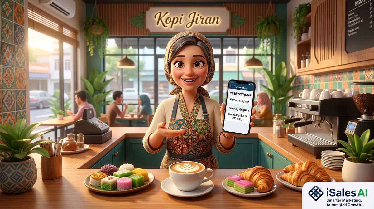 Cafe owner in Petaling Jaya holding a phone showing table reservations and a catering enquiry, pastries and coffee on the counter — iSalesAI
